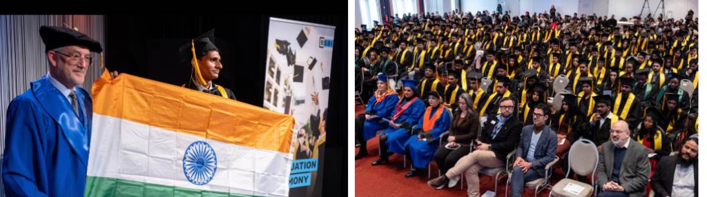 Student hoists Indian flag and raises patriotic slogans at MBA graduation ceremony in Berlin